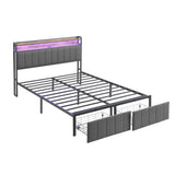 Double Bed Frame with 2 Storage Drawers and LED Lights Headboard, Upholstered Bed Frame with Charging Station, No Box Spring Needed, Easy Assembly - Grey