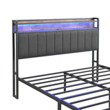 Double Bed Frame with 2 Storage Drawers and LED Lights Headboard, Upholstered Bed Frame with Charging Station, No Box Spring Needed, Easy Assembly - Grey