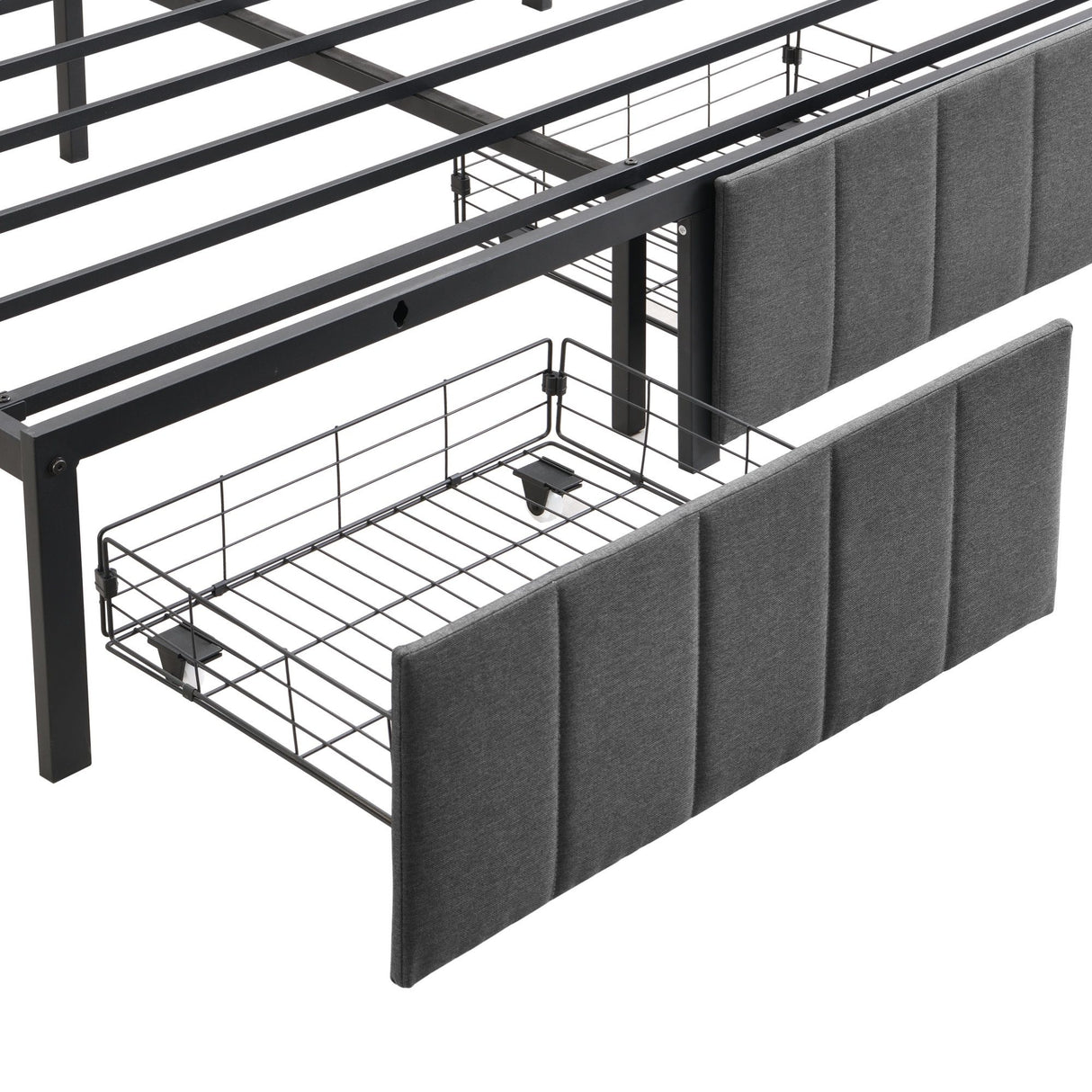Double Bed Frame with 2 Storage Drawers and LED Lights Headboard, Upholstered Bed Frame with Charging Station, No Box Spring Needed, Easy Assembly - Grey