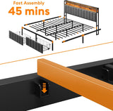 King Bed Frame with 2 Storage Drawers and LED Lights Headboard, Upholstered Bed Frame with Charging Station, No Box Spring Needed, Easy Assembly - Grey