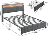 Queen Bed Frame with 2 Storage Drawers and LED Lights Headboard, Upholstered Bed Frame with Charging Station, No Box Spring Needed, Easy Assembly - Grey