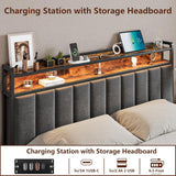 Queen Bed Frame with 2 Storage Drawers and LED Lights Headboard, Upholstered Bed Frame with Charging Station, No Box Spring Needed, Easy Assembly - Grey