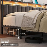 Queen Bed Frame with 2 Storage Drawers and LED Lights Headboard, Upholstered Bed Frame with Charging Station, No Box Spring Needed, Easy Assembly - Grey