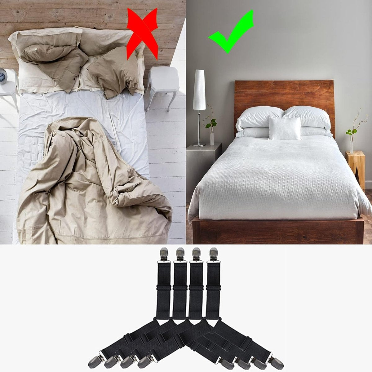 4x Sheet Tighteners - Sheet Fastening Straps - Duvet Clips - Sheet Locking Buckles - Sheet Holders - Duvet Clamps - Adjustable Sheet Tighteners - Elastic Sheet Clamps - For Sheets, Mattresses, Ironing Boards or Sofas - Sheet Tighteners With Metal Clips