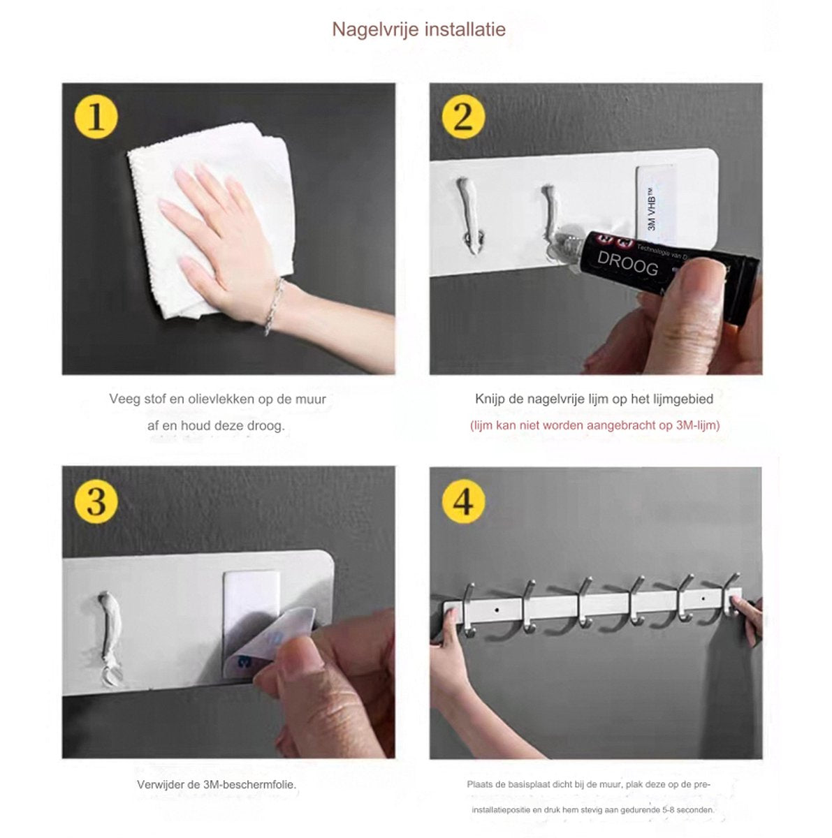 Wardrobe hooks - 6 hooks Stainless steel - Hook strip - Clothes hooks - For wall, wardrobe rail, wall wardrobe for bedroom, bathroom, kitchen - Silver - Coat hooks - 40.5 cm