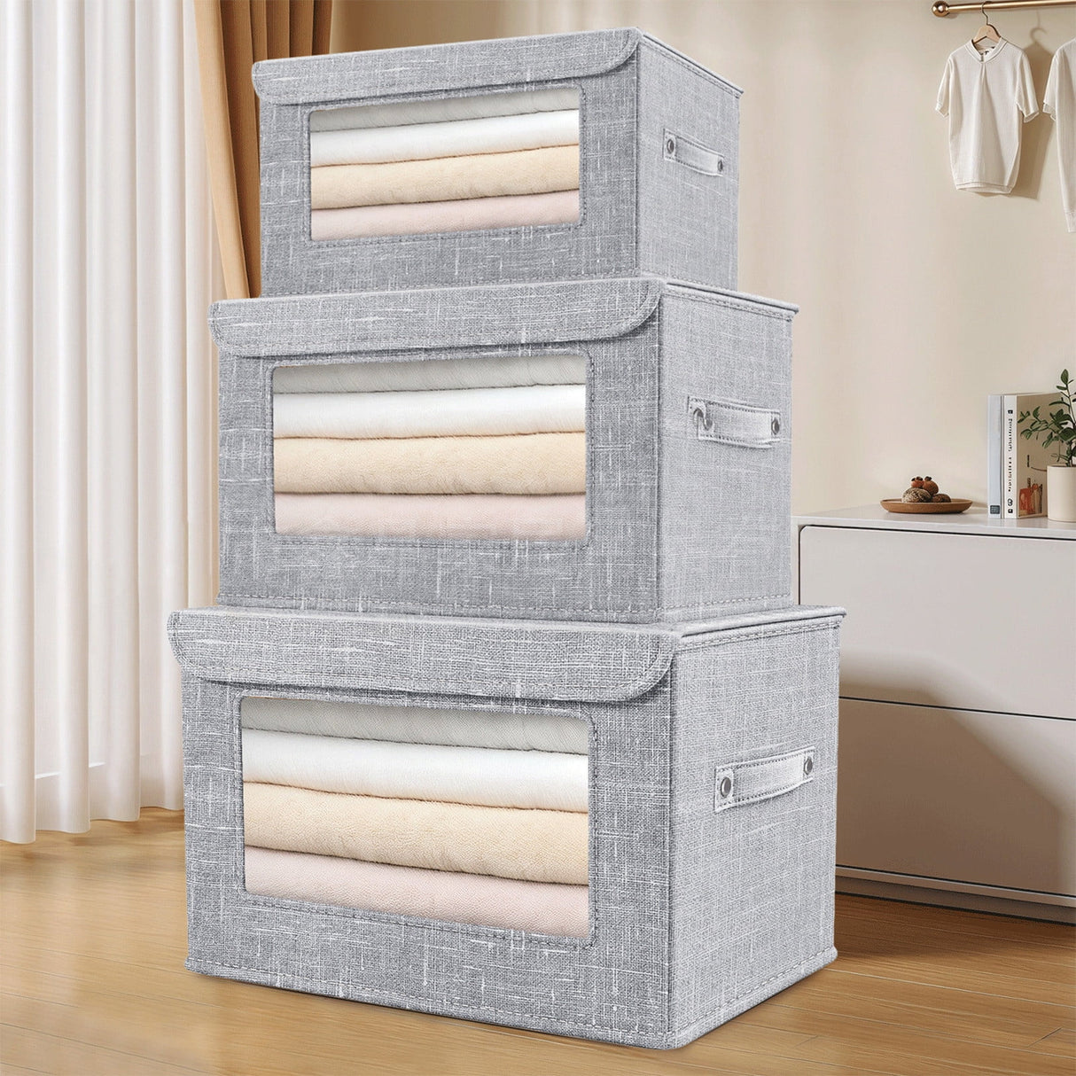 Wzzjkit Clothes Storage Bins, Foldable Storage Bin for Clothes, Clothing Storage Bins with Lid, Linen Storage Box with Clear Window＆ Zippers＆ Sturdy Handles L