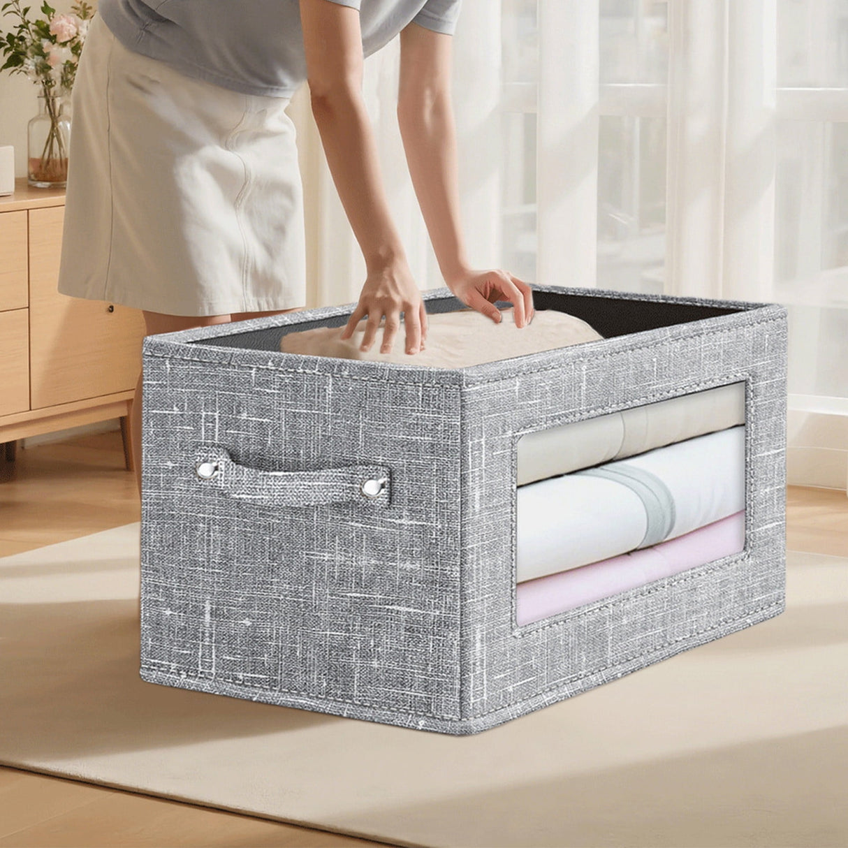 Wzzjkit Clothes Storage Bins, Foldable Storage Bin for Clothes, Clothing Storage Bins with Lid, Linen Storage Box with Clear Window＆ Zippers＆ Sturdy Handles L