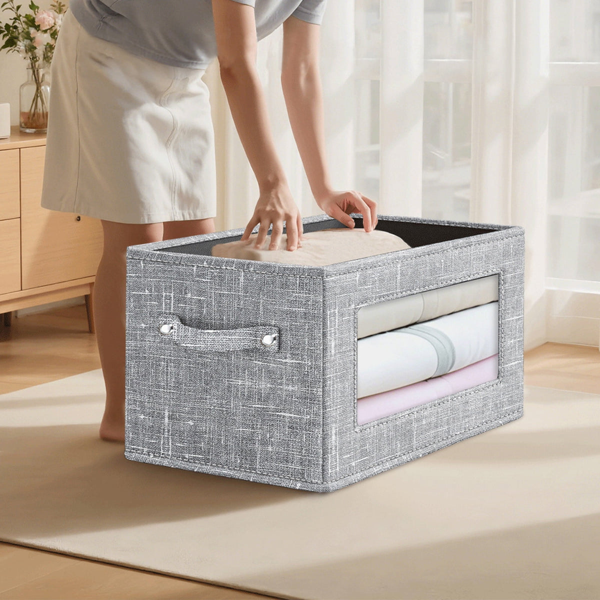Wzzjkit Clothes Storage Bins, Foldable Storage Bin for Clothes, Clothing Storage Bins with Lid, Linen Storage Box with Clear Window＆ Zippers＆ Sturdy Handles S