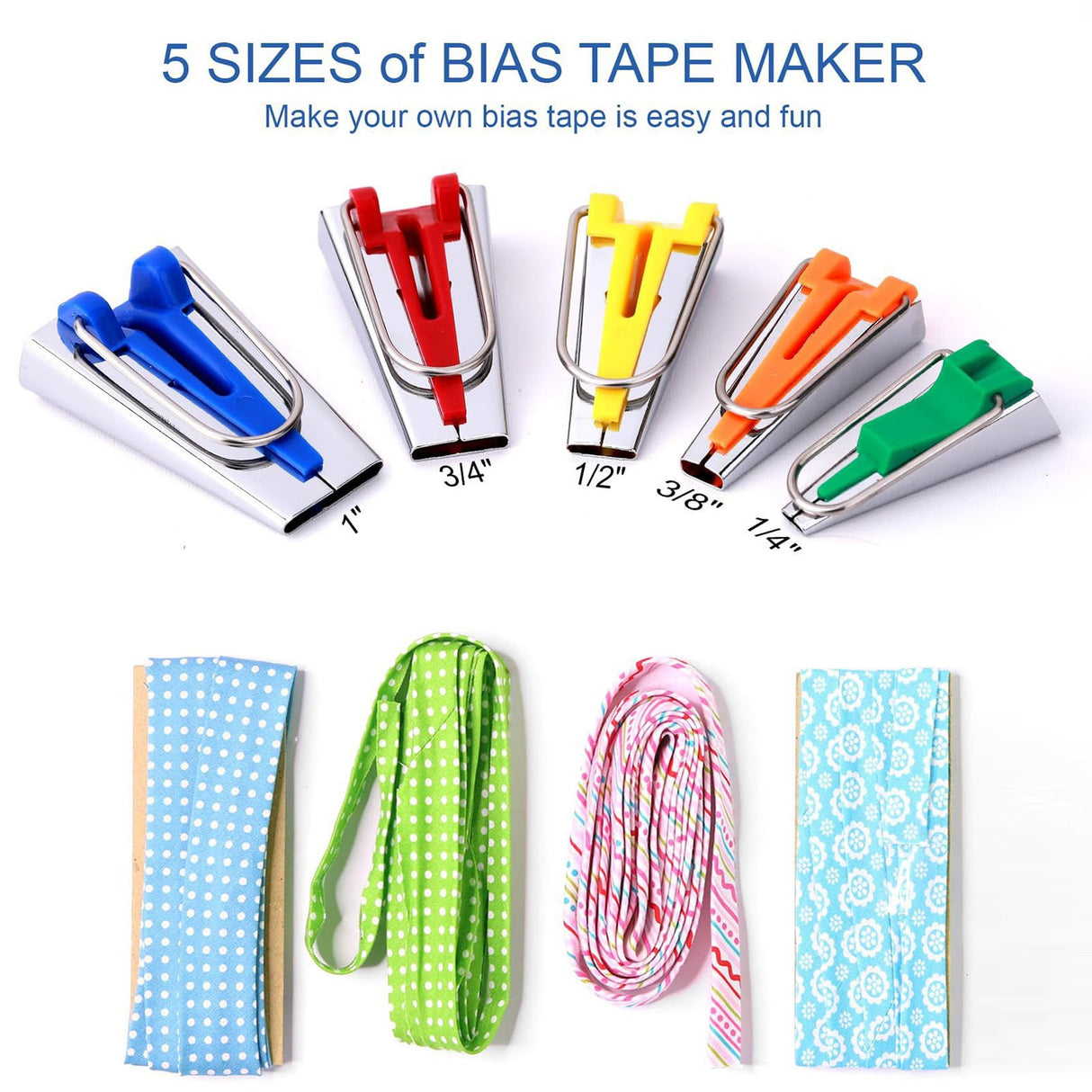 JWDX, Crimper*1 Bias Tape Makers Kit of 5 Sizes 1/4" 3/8" 1/2" 3/4" 1" Diy Quilting Tools Kit for Fabric Sewing and Quilting Bias Tape Makers Kit of 5 Sizes 1/4" 3/8" 1/2" 3/4" 1" Diy Quilting Too One Size Yellow
