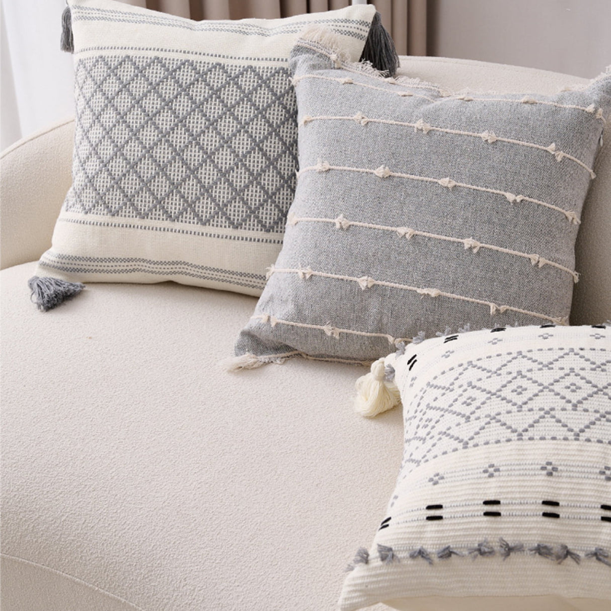 Walbest Boho Throw Pillow with Braided Rope Pattern And Tassels Soft Cotton Linen Textured Cushion for Sofa Bed Office 45x45cm C