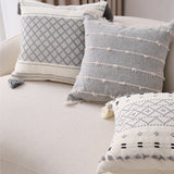 Walbest Boho Throw Pillow with Braided Rope Pattern And Tassels Soft Cotton Linen Textured Cushion for Sofa Bed Office 45x45cm F