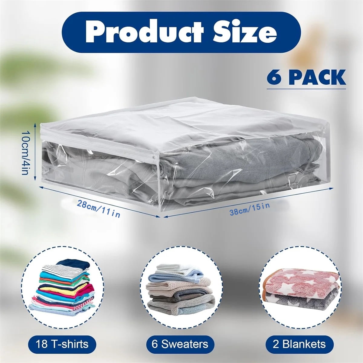 6 Pcs Clear Zippered Storage Bags,Tutuviw Clothes Bag Organizer with Zipper,Plastic Sheet Organizer and Storage for Sweater Blankets Sheet Linen Quilt Bed Pillow Cube Organizer(15x11x4in)