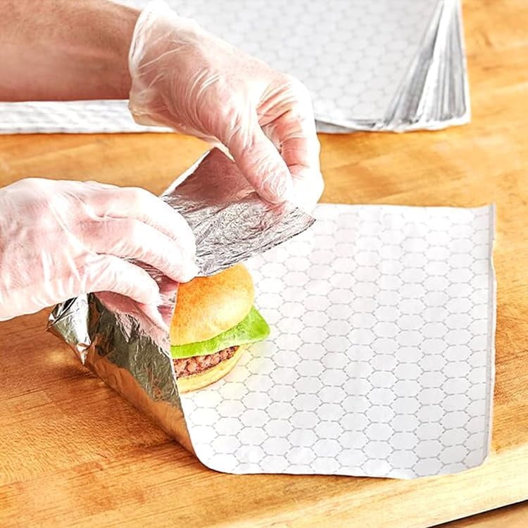 50Pack Aluminum Foil Sheets,QZS Portable Food Wrapping Sheets for Burritos,12"x12" Sandwich Wrap Paper for Hot Dogs,Burgers