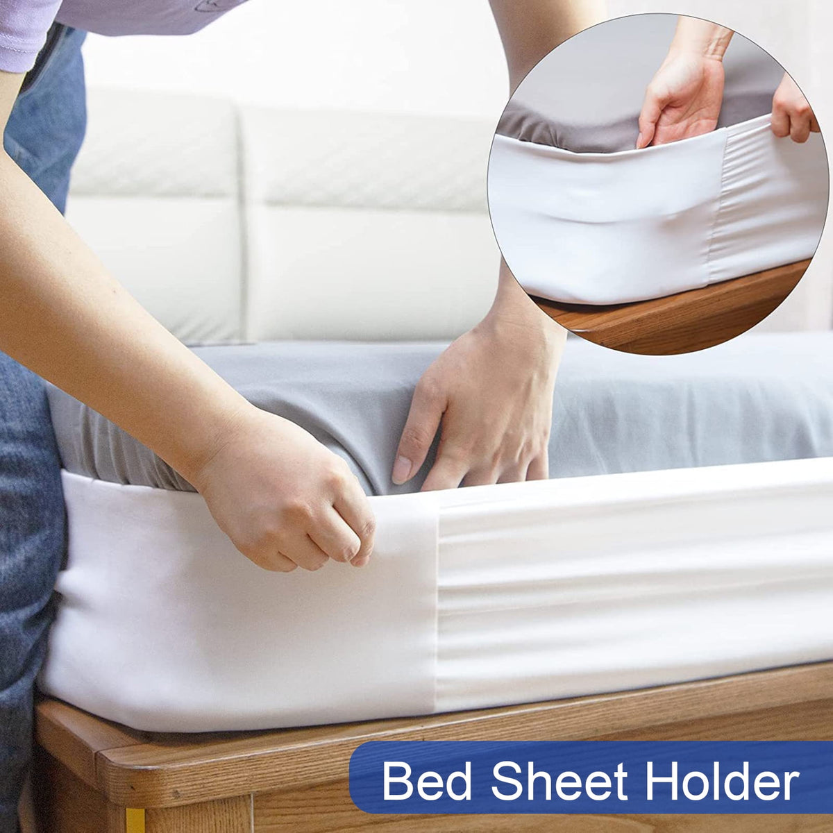harmtty Bed Sheet Holder Elastic Non-slip Time Saving Fully-encased Design Sheet Fixing 360 Degree Surround Sheet Fastening Cover for Bedroom White