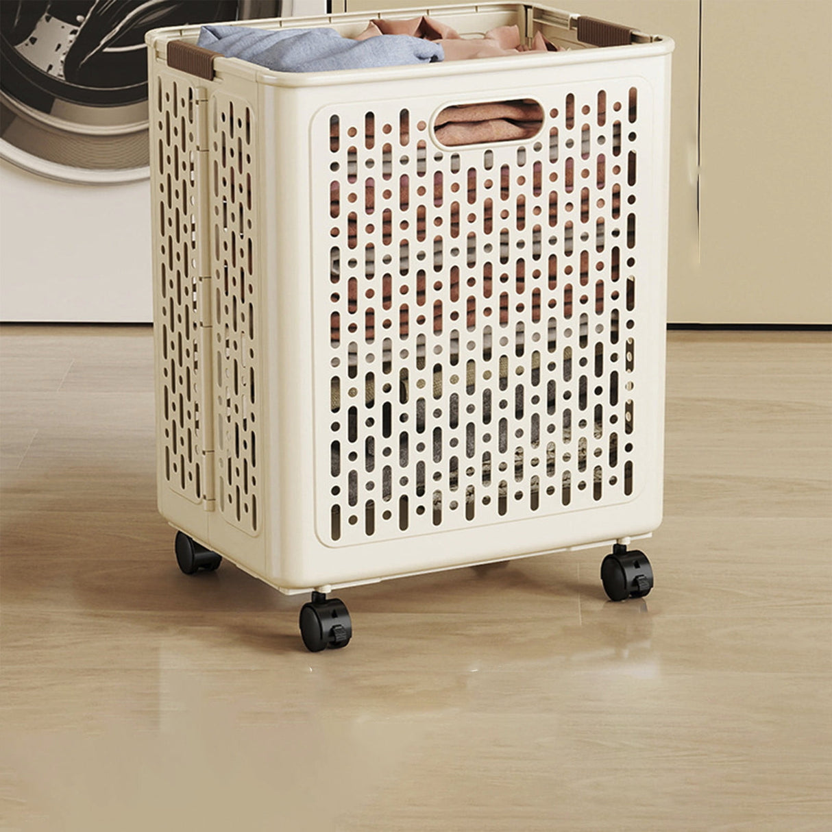 Chmadoxn Collapsible Laundry Hamper with Wheels - Foldable Storage Basket for Clothes, Toys & Organizing | Rolling Linen Cart w/ Handle, Portable Closet Utility Bin 18 Inch Tall Beige