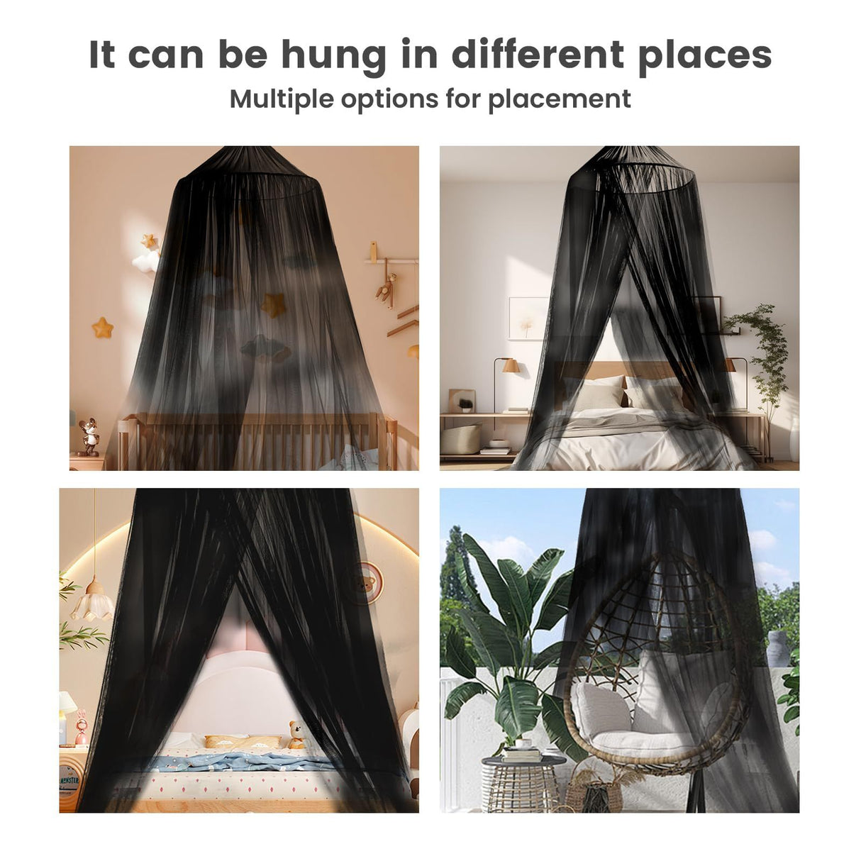Black Canopy Bed Curtains - Netting Room Decor, Ceiling Tent, Canopy for Single, Twin, Full, Kids Bed Curtains, Fire Retardant Fabric （For beds below 1.5 meters）