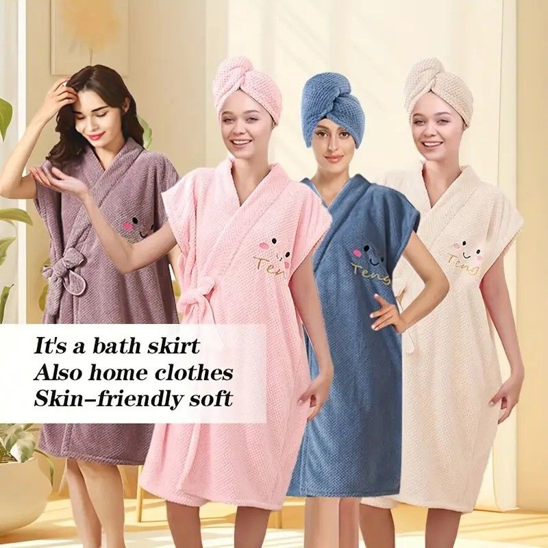 Women's Coral Fleece Pineapple Grid Two-Piece Set | Cloud-Like Touch Adjustable Bath Robe + Hair Towel, Adjustable Tie Belt, Suitable for Daily Home Use(Qingxin powder)