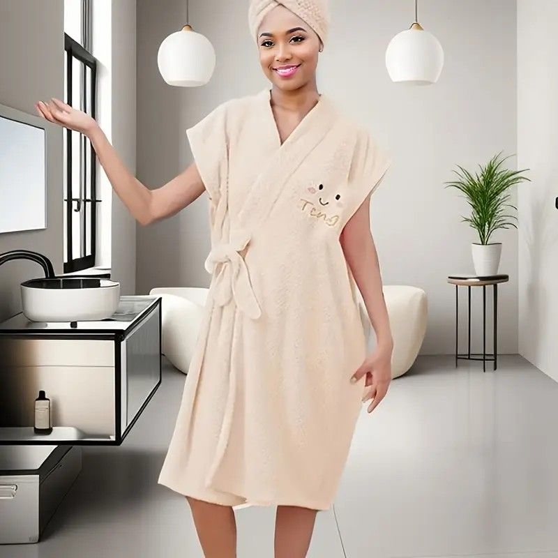 Women's Coral Fleece Pineapple Grid Two-Piece Set | Cloud-Like Touch Adjustable Bath Robe + Hair Towel, Adjustable Tie Belt, Suitable for Daily Home Use(Qingxin powder)