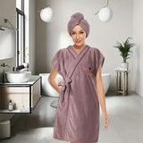 Women's Coral Fleece Pineapple Grid Two-Piece Set | Cloud-Like Touch Adjustable Bath Robe + Hair Towel, Adjustable Tie Belt, Suitable for Daily Home Use(Qingxin powder)