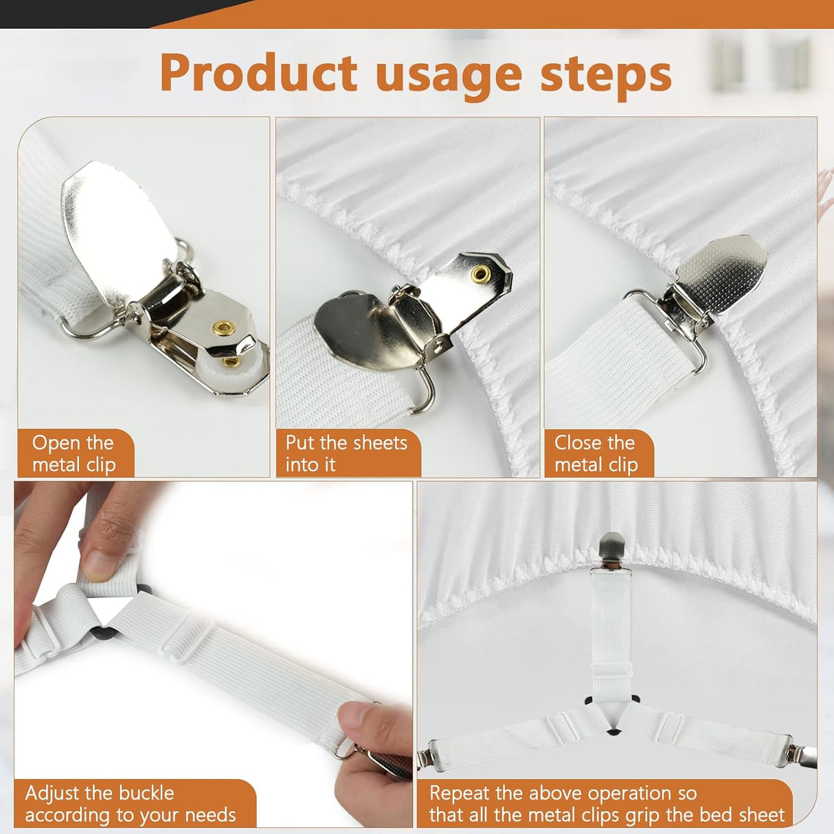4PCS Bed Sheet Straps with l Clips, Adjustable Elastic Fitted Sheet Holders for Corners, Keep Bedding Wrinkle-Free, Easy to Install Durable Fasteners, Mattresses (White)