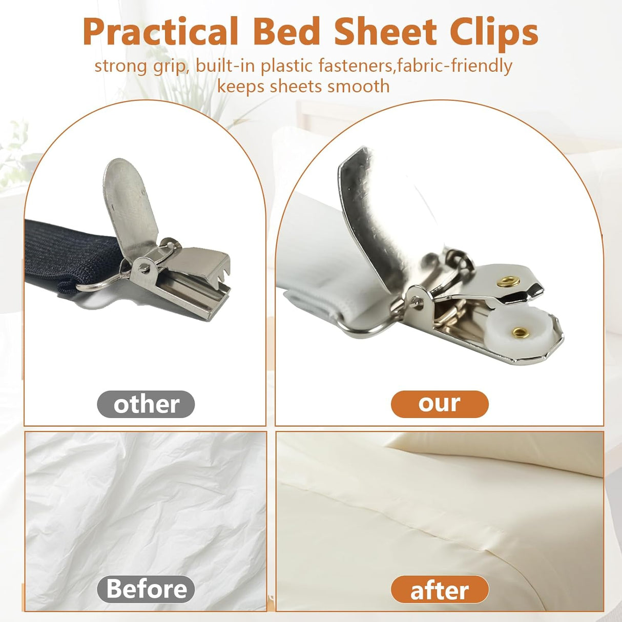 4PCS Bed Sheet Straps with l Clips, Adjustable Elastic Fitted Sheet Holders for Corners, Keep Bedding Wrinkle-Free, Easy to Install Durable Fasteners, Mattresses (White)