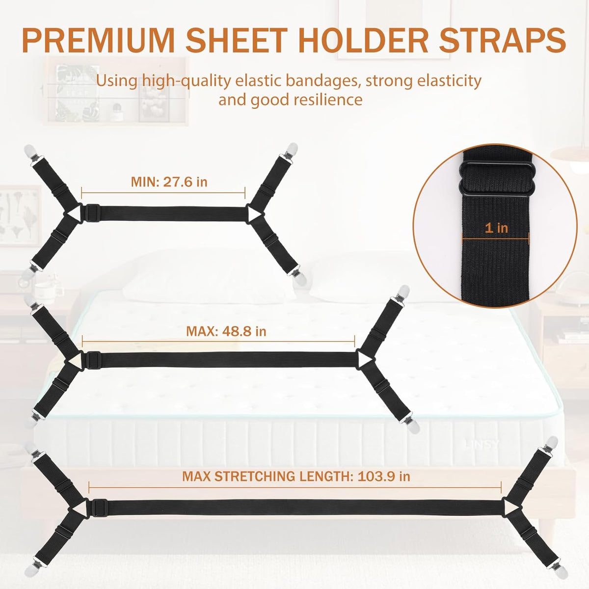 Bed Sheet Holder Straps, 2Pcs Elastic Adjustable Bed Sheet Grippers,Fitted Sheet Holder Keep Sheets in Place, Enhance Sleep Experience, Black