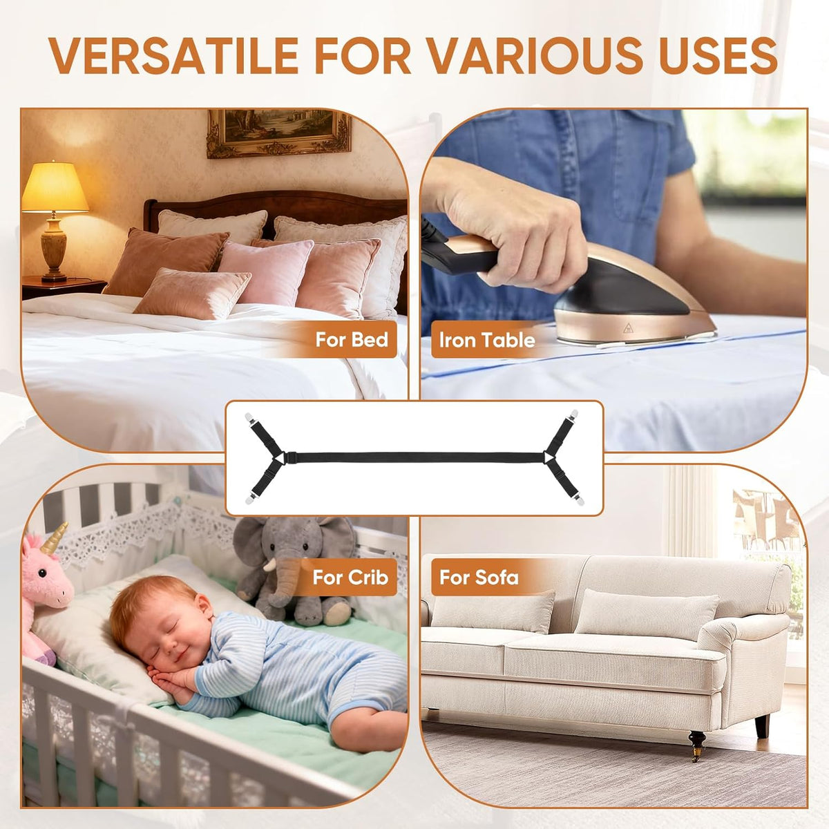 Bed Sheet Holder Straps, 2Pcs Elastic Adjustable Bed Sheet Grippers,Fitted Sheet Holder Keep Sheets in Place, Enhance Sleep Experience, Black