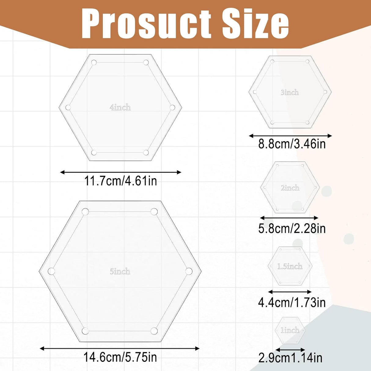 6Pcs Hexagon Quilting Templates Acrylic, 1" 1.5" 2" 3" 4" 5" Multiple Sizes Quilting Template for DIY Patchwork Sewing Crafts Quilt Shapes Cutting Dressmaking Design Work