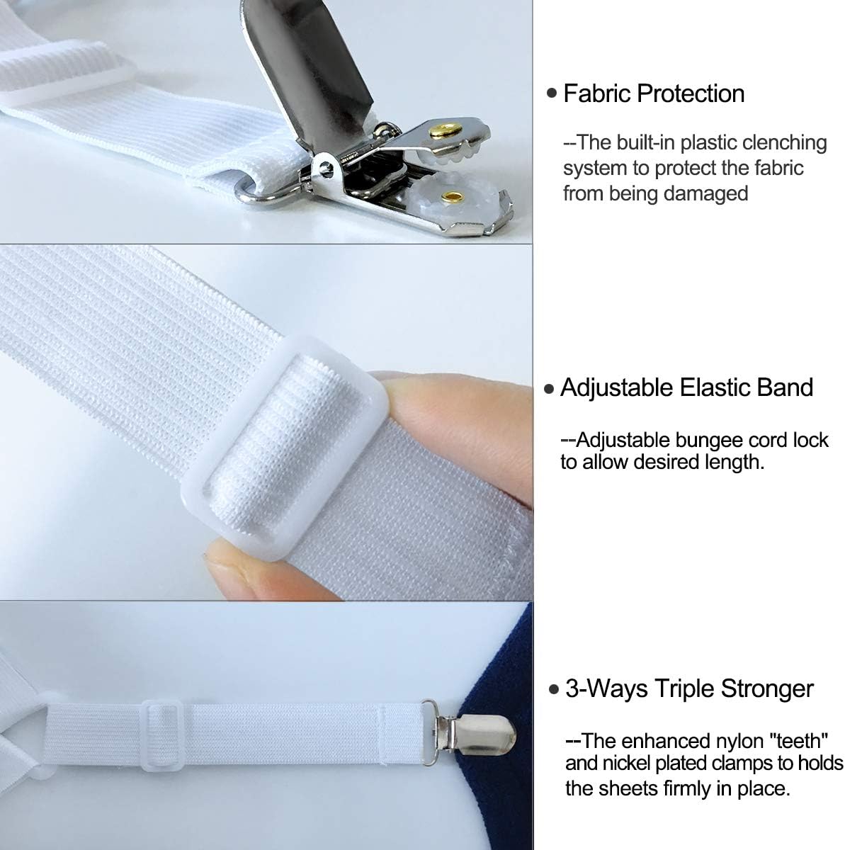 Bed Sheet Holders Straps Fasteners - 4 Pcs Triangle Sheet Fasteners Fitted Flat Sheet Corner Holder Elastic Adjustable Bed Band Sheet Holders Clip Suspenders Grippers White