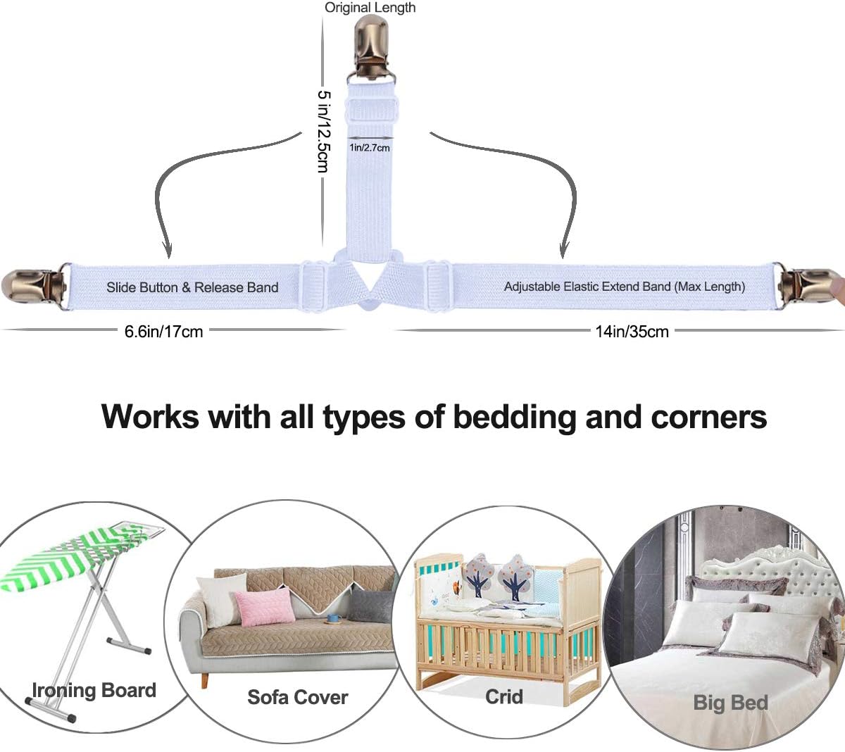Bed Sheet Holders Straps Fasteners - 4 Pcs Triangle Sheet Fasteners Fitted Flat Sheet Corner Holder Elastic Adjustable Bed Band Sheet Holders Clip Suspenders Grippers White