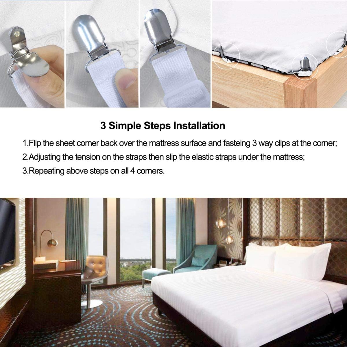 Bed Sheet Holders Straps Fasteners - 4 Pcs Triangle Sheet Fasteners Fitted Flat Sheet Corner Holder Elastic Adjustable Bed Band Sheet Holders Clip Suspenders Grippers White