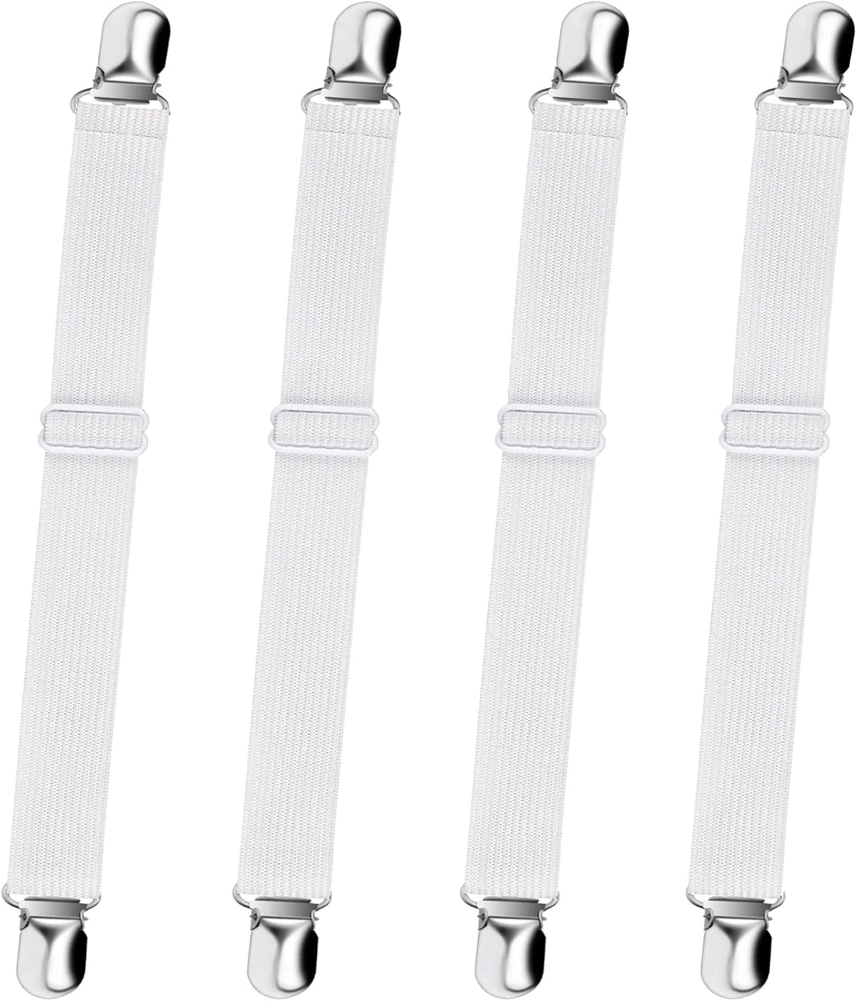 Bed Sheet Straps,  Adjustable Elastic Fitted Sheet Corner Holders Straps to Stay in Place, Non-Slip Fasteners Clips Compatible for Crib to King Size Bed, White 4Pcs
