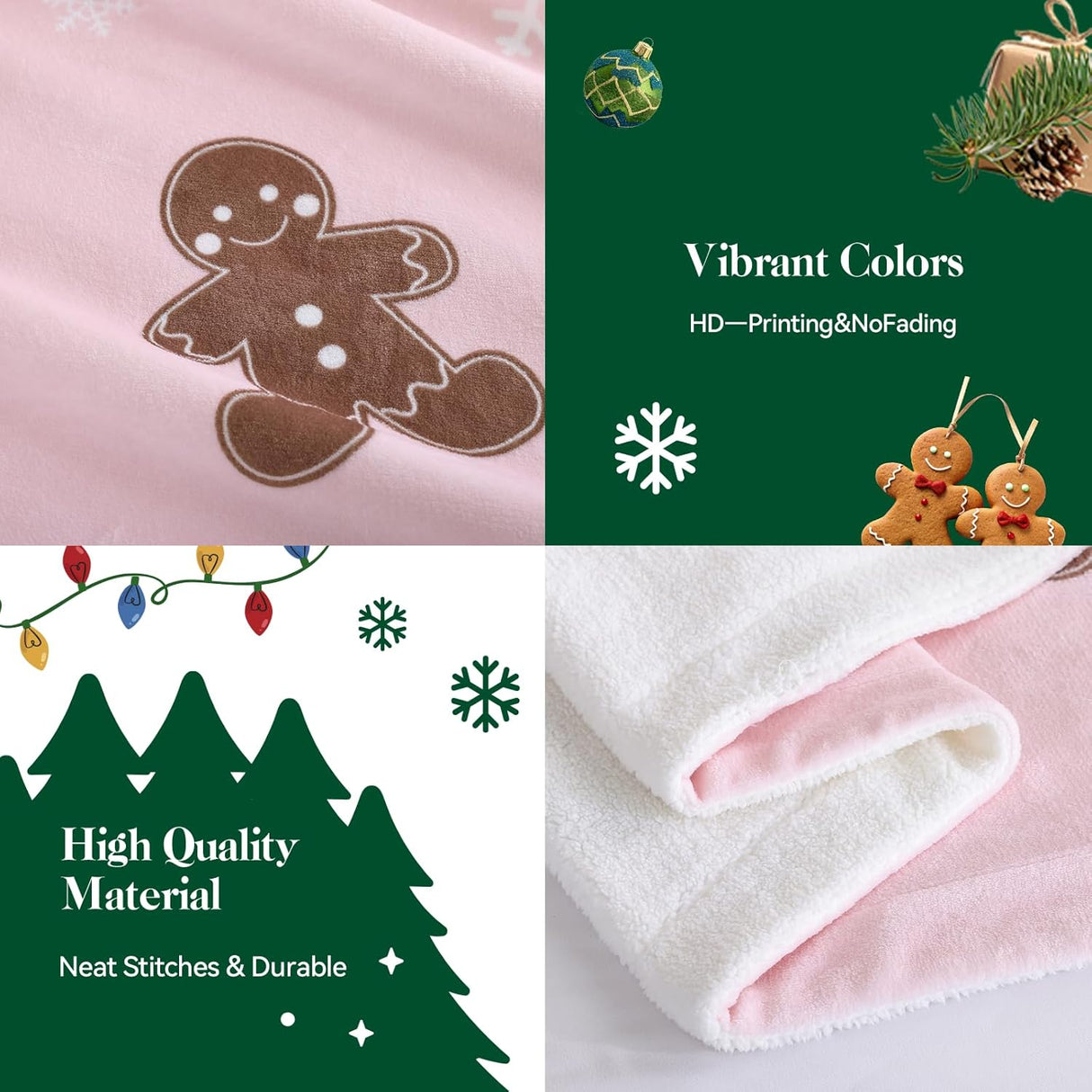 Pink Throw Blanket - Christmas Fluffy Blanket with Gingerbread and Snowflake Pattern - Reversible Sherpa Fleece Soft Blanket - Cozy Lightweight Throw Blanket for Couch Bed Sofa, 50x60 Inches
