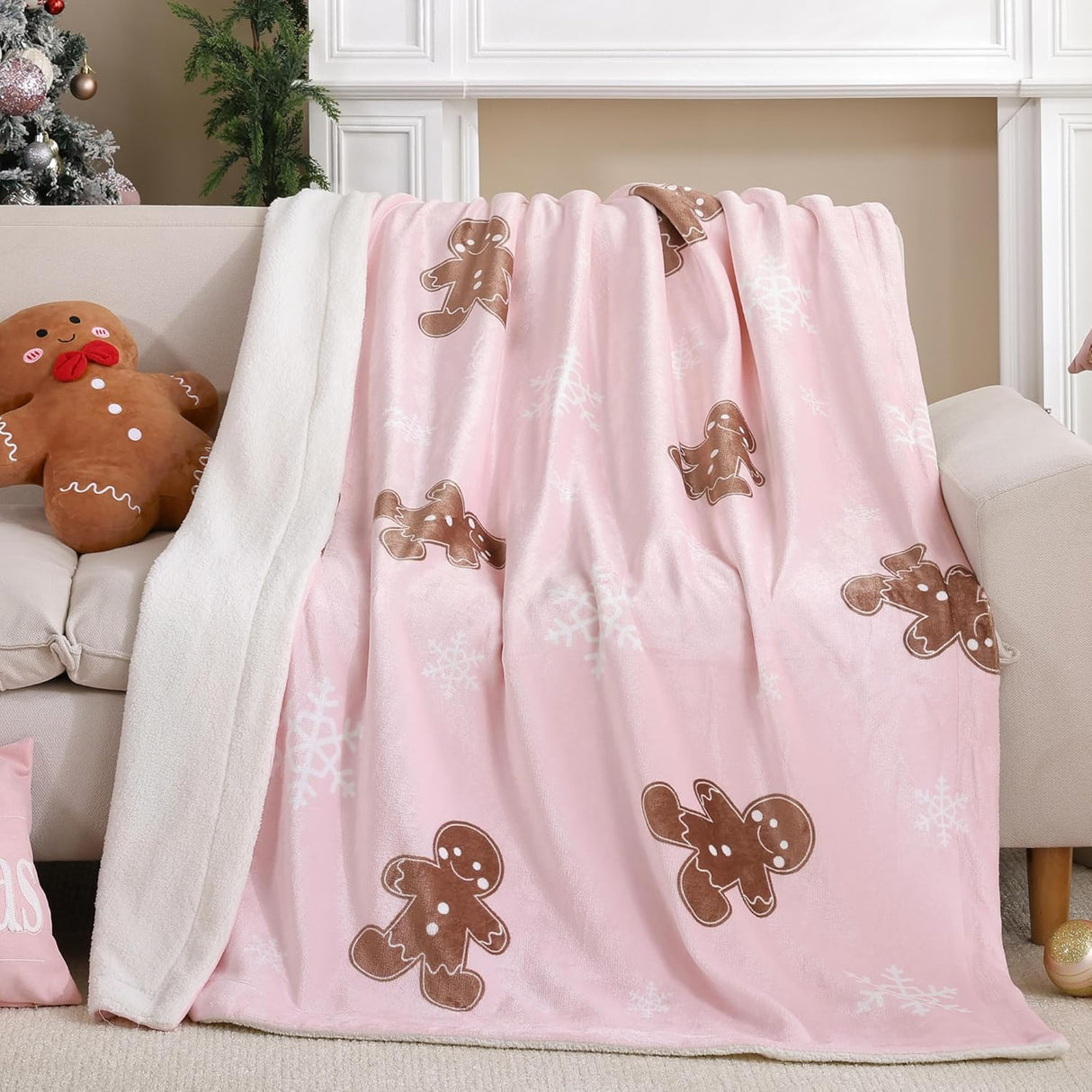 Pink Throw Blanket - Christmas Fluffy Blanket with Gingerbread and Snowflake Pattern - Reversible Sherpa Fleece Soft Blanket - Cozy Lightweight Throw Blanket for Couch Bed Sofa, 50x60 Inches