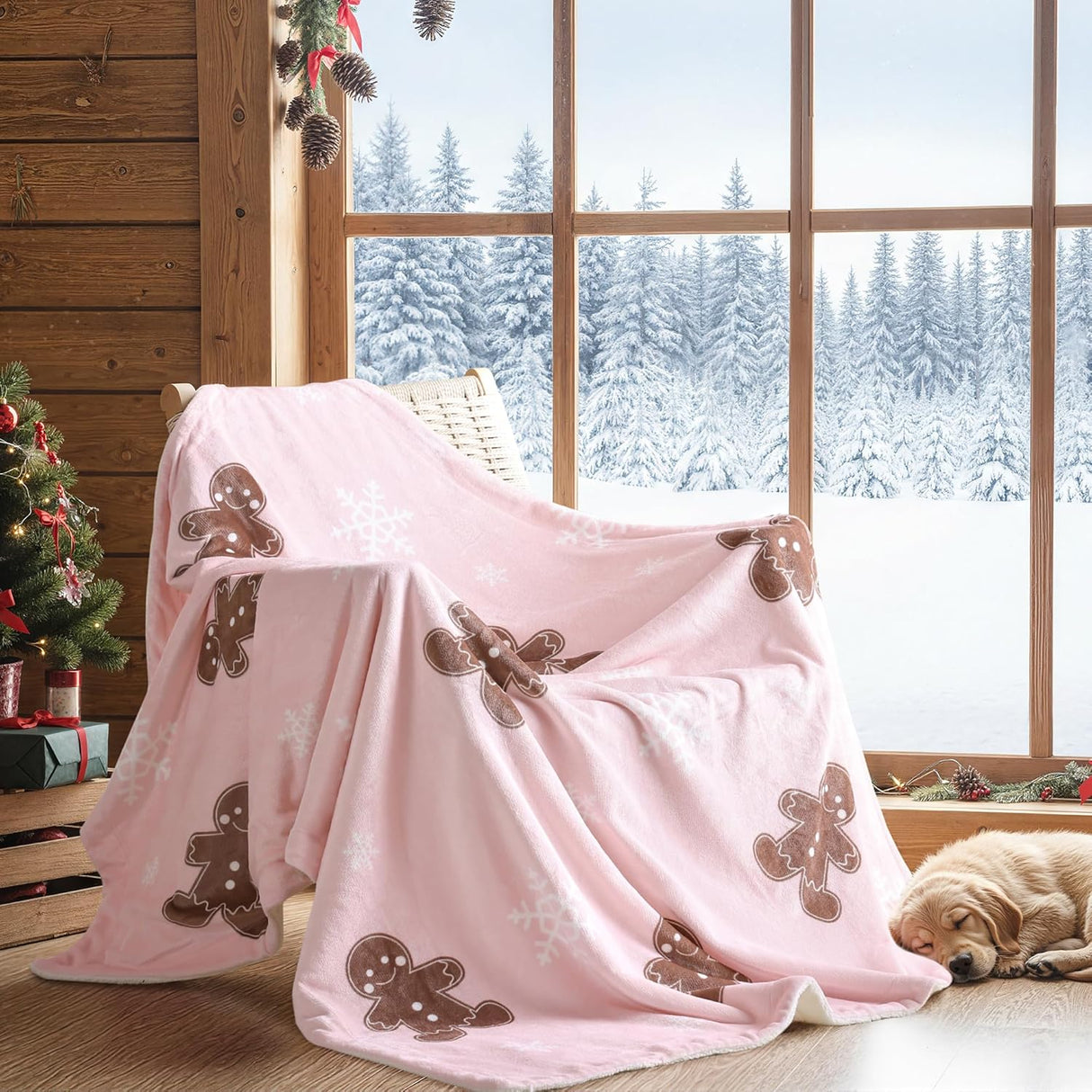 Pink Throw Blanket - Christmas Fluffy Blanket with Gingerbread and Snowflake Pattern - Reversible Sherpa Fleece Soft Blanket - Cozy Lightweight Throw Blanket for Couch Bed Sofa, 50x60 Inches