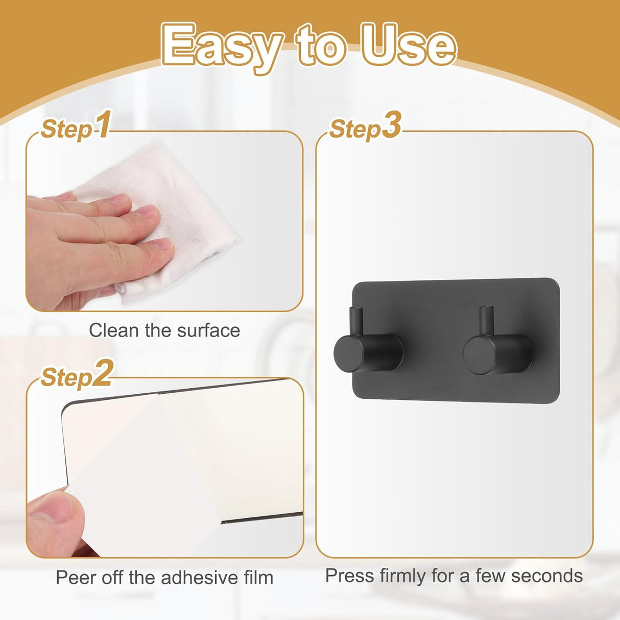 2 Pack Self Adhesive Stainless Steel Towel Hooks 304 Rust Proof Waterproof Black