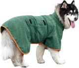 Green Dog Bathrobe with Orange Piping Size S - Adjustable Strap Pet Towel for Dogs