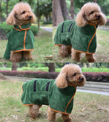 Dog Bathrobe - Size M - Green with Orange Trim - Absorbent Pet Towel with Adjustable Strap