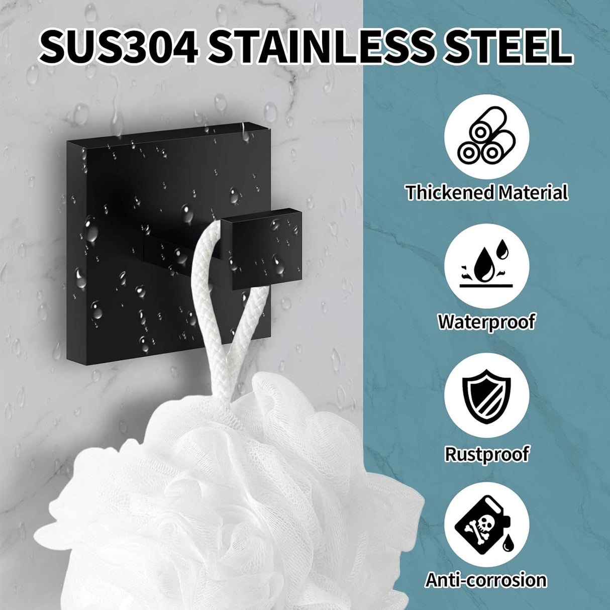 4 Pack Bathroom Towel Hooks, Screw-in Square Matte Black Wall Hooks Robe Hook, Anti-Rust SUS304 Stainless Steel Heavy-Duty Door Hanger Coat Hook, Sturdy for Bathroom/Bedroom/Kitchen/Hotel