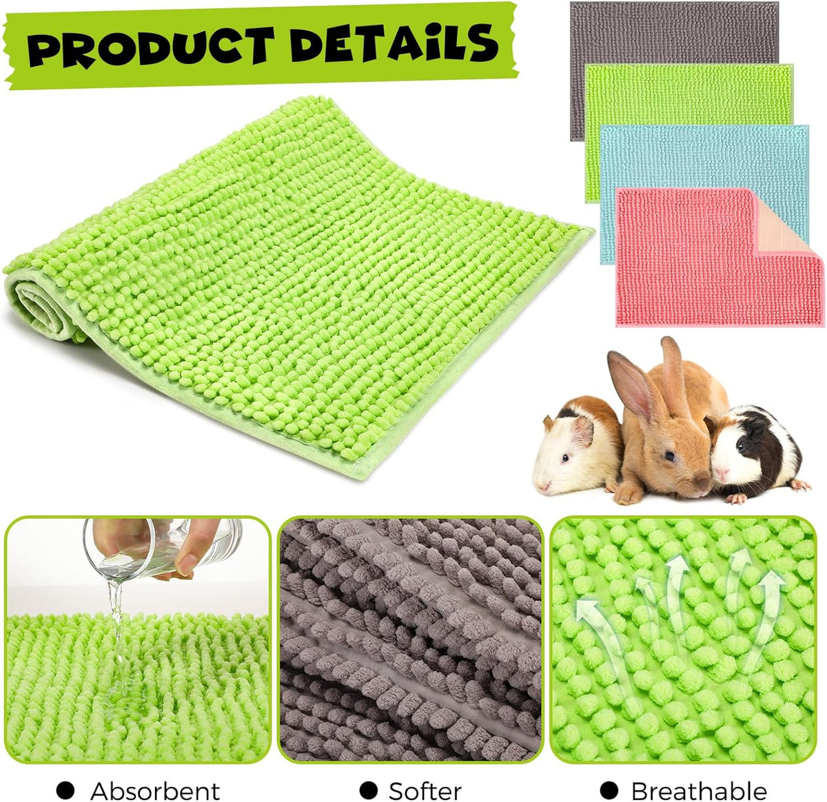 8 Pcs Guinea Pig Cage Liner for Guinea Pig Cage Bedding Reusable Rabbit Mat Pad Washable Training Pad Animal Sleeping Bedding Mat(16x12'',Gray, Green, Pink, Blue)