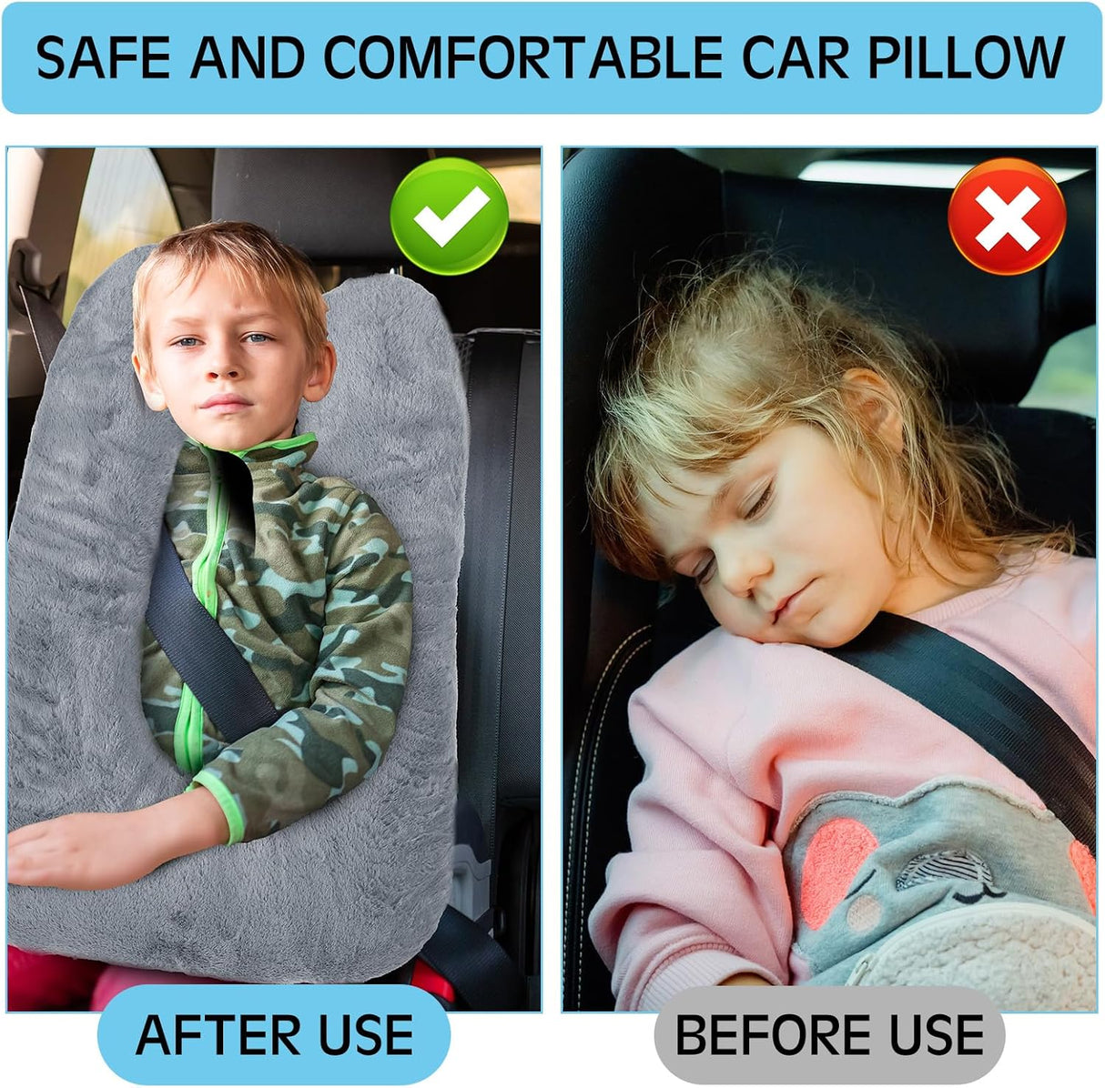 2 Pcs Car Travel Pillow for the Back Seat 28 x 18 in Sleeping Reading Pillows for Long Distance Travel Car Cushion for Kids Adults Head and Body Support U Shaped Pad for Travel(Gray, Blue)