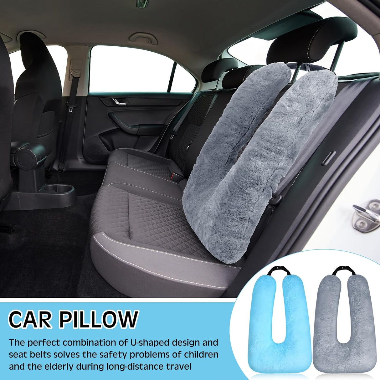 2 Pcs Car Travel Pillow for the Back Seat 28 x 18 in Sleeping Reading Pillows for Long Distance Travel Car Cushion for Kids Adults Head and Body Support U Shaped Pad for Travel(Gray, Blue)