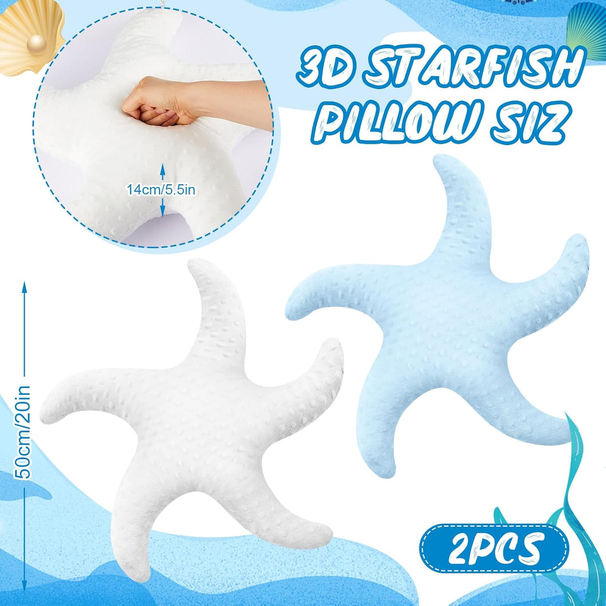 2 Pcs Starfish Pillow Cute Beach Pillow 20'' Star Fish Shaped Throw Pillows Plush Beach Room Decor Decorative Ocean Star Stuffed Animal Plush Cushion for Bedroom Living Room (White,Blue)