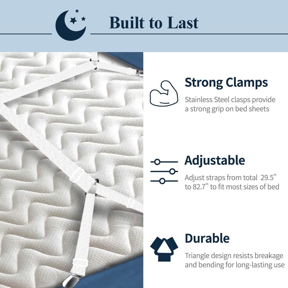 8+2 Pieces Bed Sheet Holder Straps Bed Sheet Fasteners Suspenders Holder Straps Adjustable Crisscross Elastic Band Fitted Sheets Corner Straps Grippers Clip, White