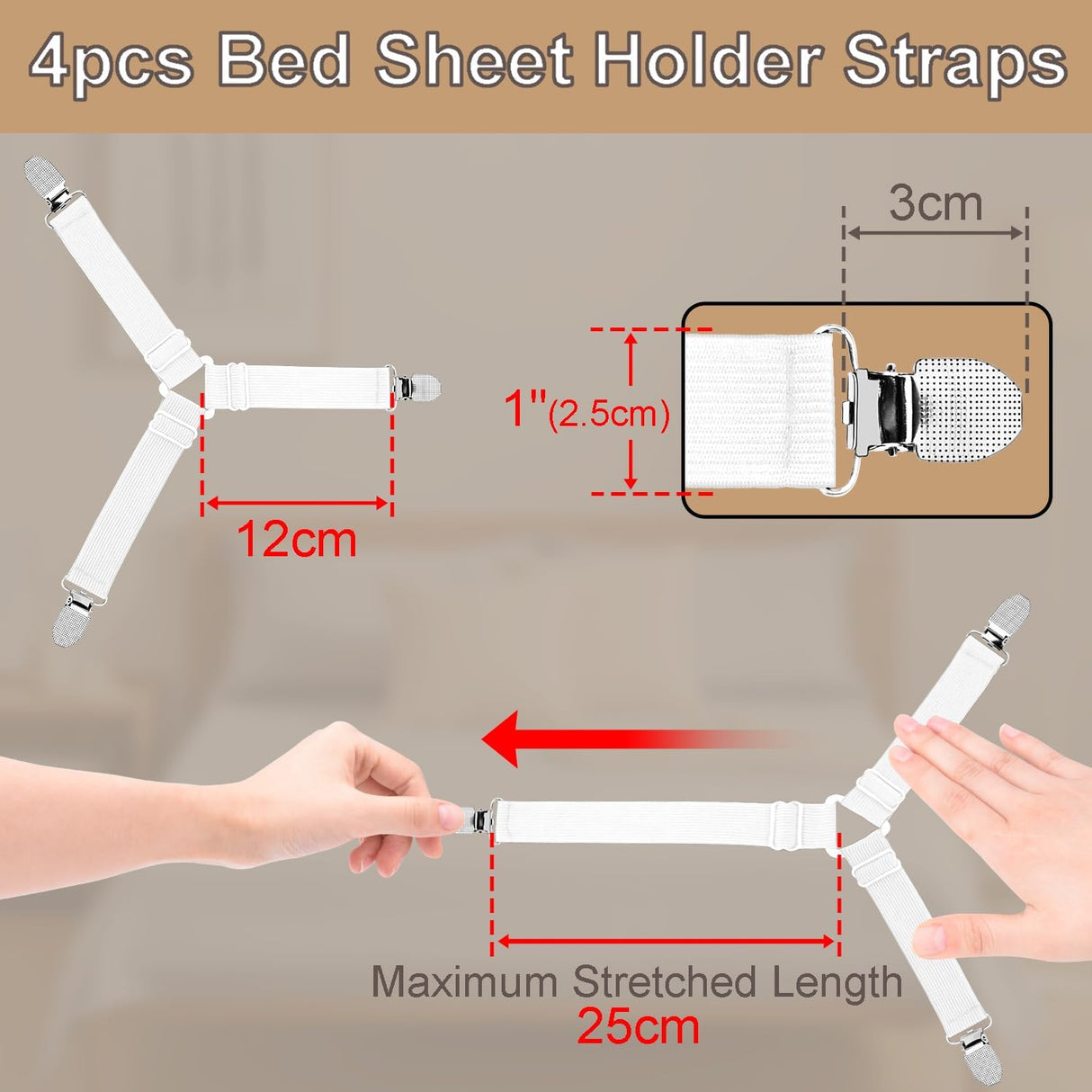 4pcs Bed Sheet Straps Holders, Adjustable Non Slip Elastic Bedsheet Grippers Triangle Mattress Suspenders, Keep in Place Fitted Bed Sheet Holders for Corners, Sofa Cushion, Mattress Cover Straps White