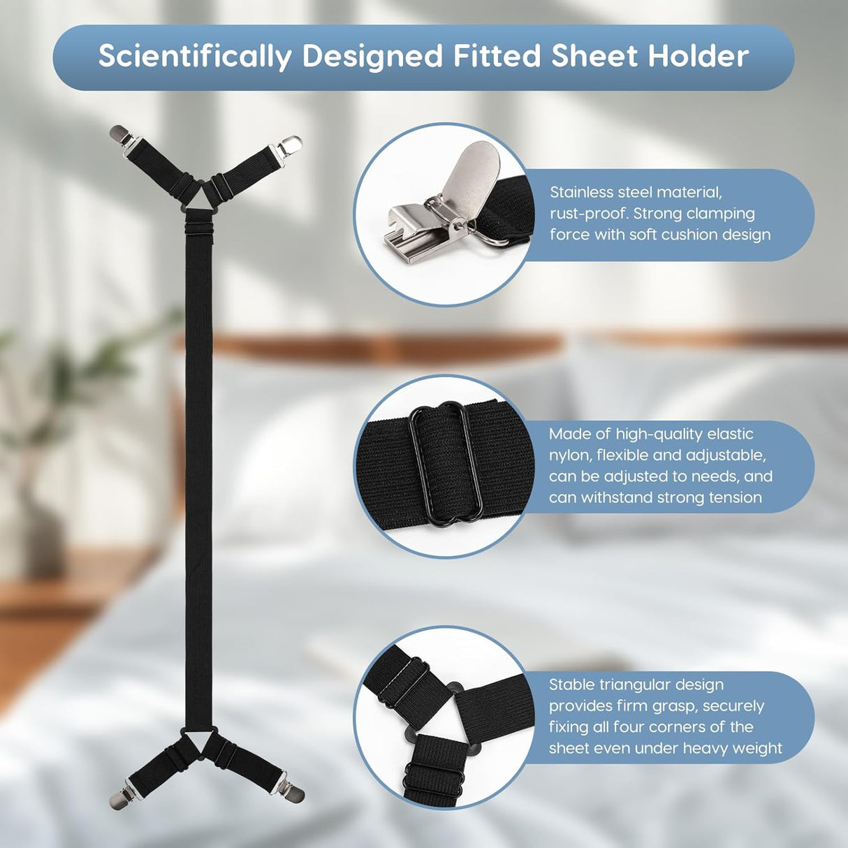 4PCS Bed Sheet Holders Straps for Corners, Elastic Adjustable Fitted Sheet Holder, Easy Install Bed Sheet Holder Suit for Round and Square Mattresses Bedspread Fasteners and Suspenders