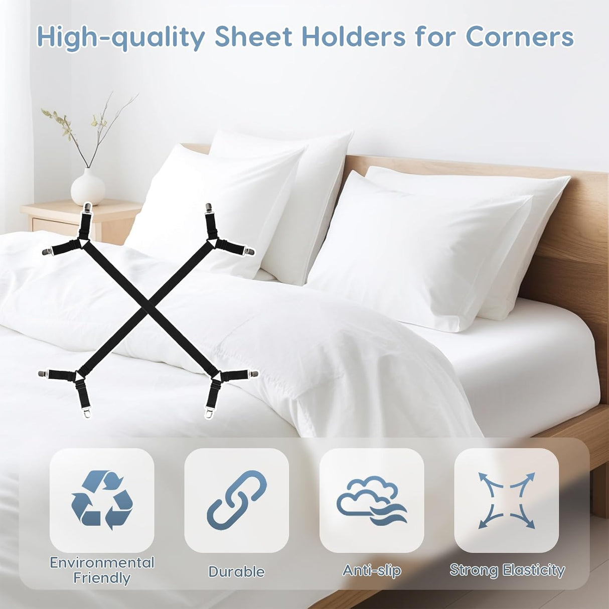 4PCS Bed Sheet Holders Straps for Corners, Elastic Adjustable Fitted Sheet Holder, Easy Install Bed Sheet Holder Suit for Round and Square Mattresses Bedspread Fasteners and Suspenders