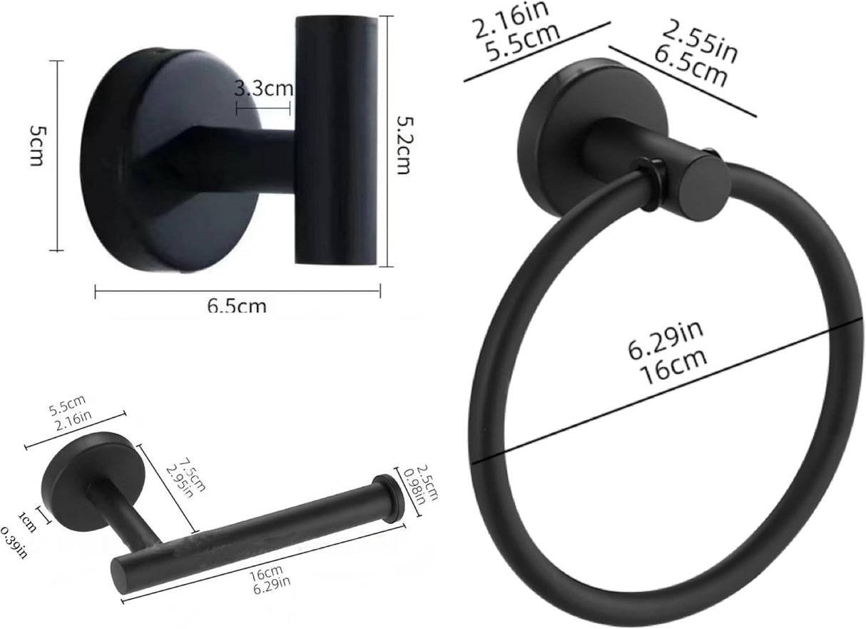 4PCS Bathroom Hardware Set 304 Stainless Steel Bathroom Accessories Set Including 2 Wall Mounted Stainless Steel Robe Hooks Toilet Paper Holder and Towel Ring (Black)