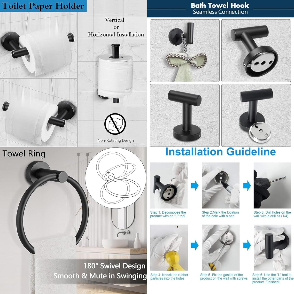 4PCS Bathroom Hardware Set 304 Stainless Steel Bathroom Accessories Set Including 2 Wall Mounted Stainless Steel Robe Hooks Toilet Paper Holder and Towel Ring (Black)