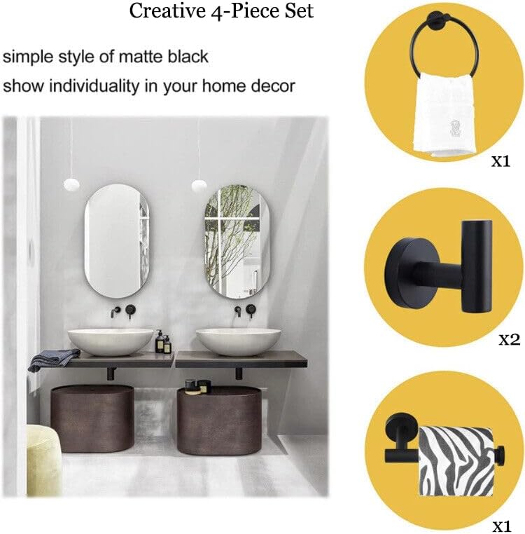 4PCS Bathroom Hardware Set 304 Stainless Steel Bathroom Accessories Set Including 2 Wall Mounted Stainless Steel Robe Hooks Toilet Paper Holder and Towel Ring (Black)